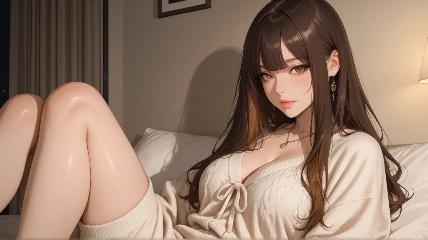 DETAILED, DENSE, MASTERPIECE, one girl, beautiful, wearing white cardigan, one girl lying on bed with blanket, brown hair, 22 years old, smooth skin, glowing skin, glowing hair, clear eyes, glowing eyes, brown eyes, soft lips, pale pink lips, (viewer Looking down: 0. 8) smiling slightly, cheeks stained, shy, mouth open, bangs, white sleeves, white clothing, one girl, soft skin, large breasts, glowing skin, cinematic lighting, rich lighting, room lighting, simple gold necklace, diamond necklace, white Lace bra, white lace panties, white lace underwear, high angle, low angle, (Masterpiece: 1.0), (Realistic: 1.6), (Soft Focus: 1.5)