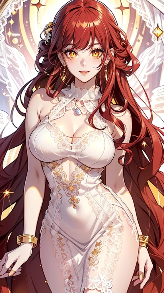 Red hair,red eyes,(high quality eyes),masterpiece, best quality, high quality, highres, outdoors, looking at viewer, Jenny, tall female,big breasts, tassel earrings,wavy hair,public hair ,angel ,wings