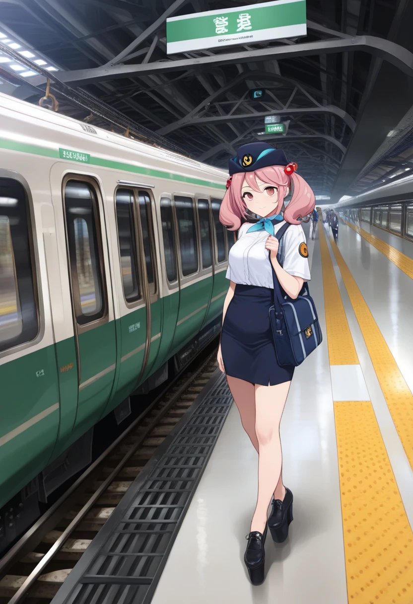 Photo, femele(22) Conductor working at the station platform, Cute, Smile, There are colored contacts in her eyes,校服、 Hose Accessories, Full body, Walking , in autumn