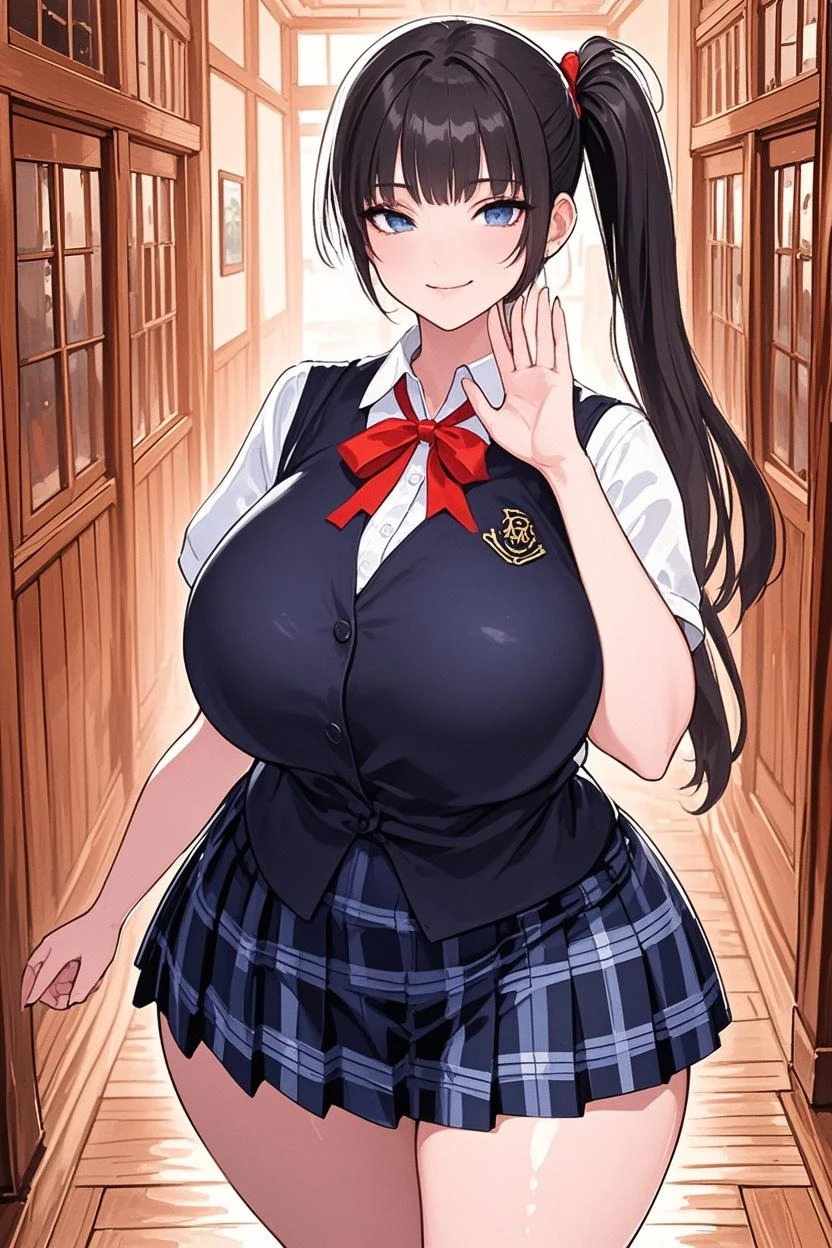 closed mouth, smile, 1girl, solo, long hair, skirt, classroom, long sleeves, red jacket, white shirt, cleavage, brown hair, blue eyes, ponytail, pantyhose, pleated skirt, puffy sleeves, black skirt, large breasts, , juliet sleeves,
