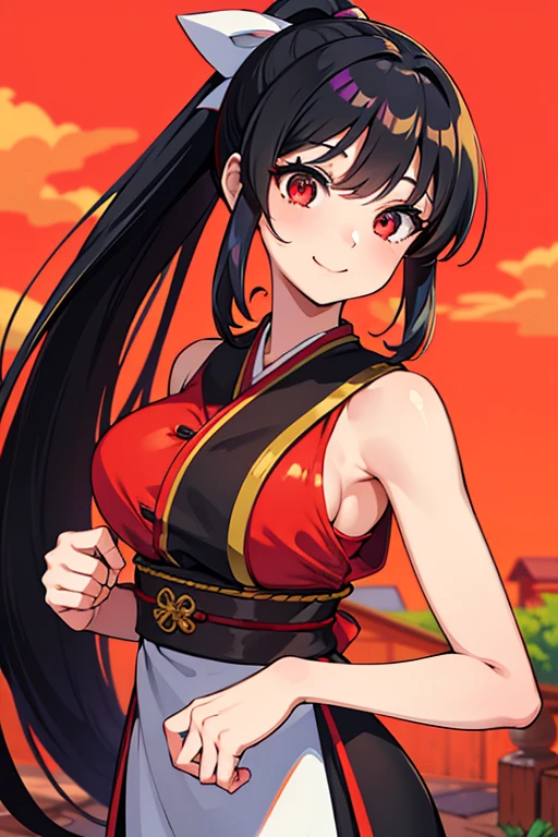 Perfect, masterpiece, (best quality, highres:1.2), 1girl, beautiful detailed eyes, beautiful detailed lips, beautiful detailed face, long eyelashes, vivid colors, HDR, studio lighting, ultra-fine painting, sharp focus, physically-based rendering, extreme detail description, portraits, ((organized fingers)), curvy body, large breasts, perfect shape, facing viewer, sweaty, gorgeous, ((arms up)), sleeveless, straddling, smile, black hair, red eyes, armpits visible, sweaty armpits, black orange volleyball uniform,