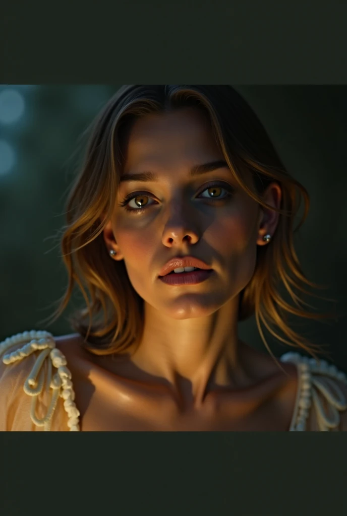 (style raw, work of art, best qualityer, ultra detali), age 28, Elizabeth Olsen posting outdoors,  large breasted, beautiful night, happily and happily, clear sky, analog style, (texture skin, film grain), cinematic light, side lighting, ultra high resolution