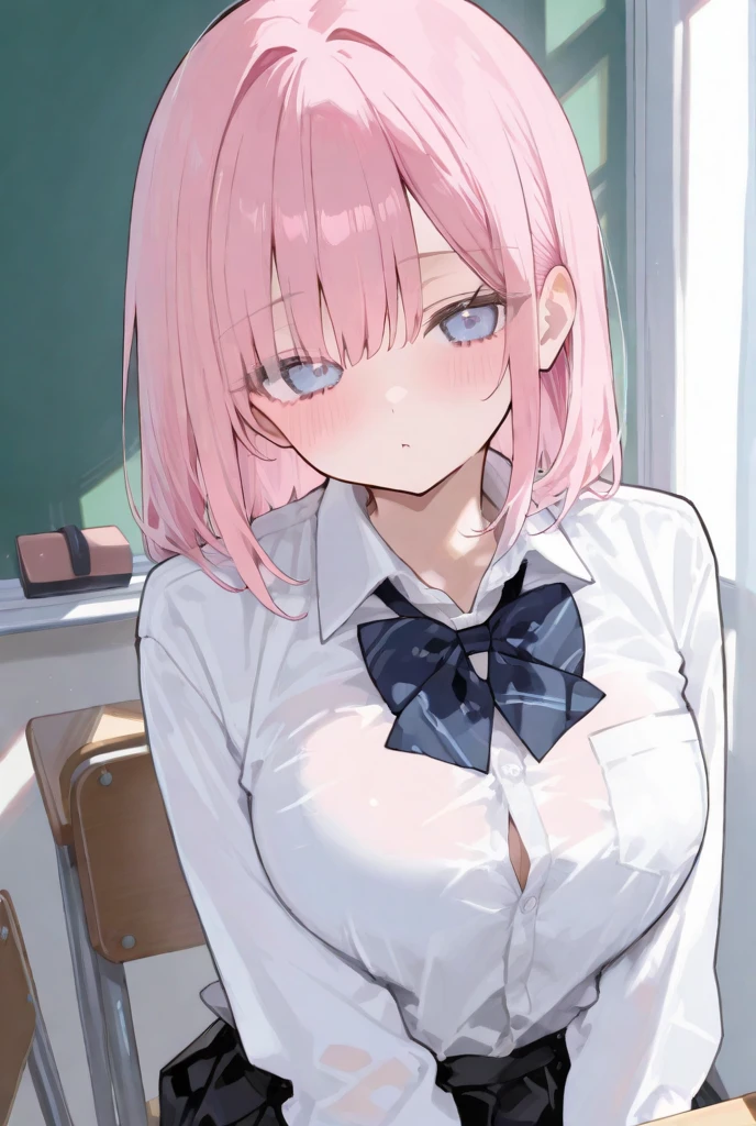 (masterpiece、highest quality、Super detailed)、((1 adult female))、((pink hair))、((short hair))、((light blue eyes))、evil smile、((kneel down))、vapor、earrings、(((very big breasts)))、(POV man grabs woman's boobs:1.8)((Open clothes white shirt))、((black lace bra))、((paizuri))、black socks、((1 boy))、((penis:1.2))、((fellatio pov)) 、bedroom background、((NSFW))((looking down from above)))(pov standing)