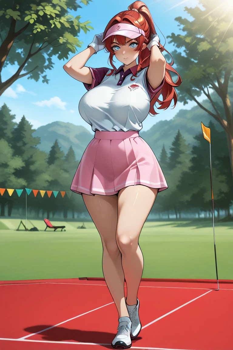 2d, masterpiece, best quality, anime, highly detailed, 1girl, solo, cowboy shot, nakano yotsuba, orange hair, hair bow, crop top, cleavage , miniskirt, medium breasts, standing, , outdoors, smile