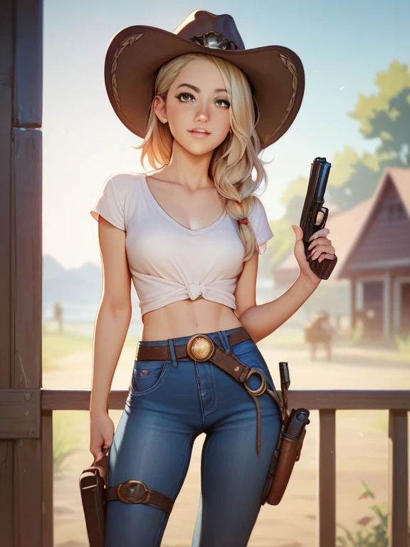 ((((1 person:2.0)))),(((Cowgirl Costume))),(((Slender body:1.2))),(((Small Ass:1.2))),(((Denim mini skirt))),(((Wear a western hat))),(((Wear one leather belt))),(((He is wearing a sleeveless shirt, Plaid, Front tie shirt.))),(((wear the watch))),(((short boots))),(((Showing cleavage))),(((Showing your belly button))),(((Exposing thighs))),(((Small breasts:1.5))),(((Bare arms))),(((Her hair is blonde))),, Beautiful detailed girl, Very detailed目と顔, Detailed and beautiful eyes, Very detailed, High resolution, highest quality, masterpiece, Very detailed, 8k wallpaper, wonderful, finely, highest quality, The light shines on your face,(Dark basement bar),((Drinking whiskey:1.0)),Beautiful Eyes,(((Blushed:1.2))),Cowboy Shot