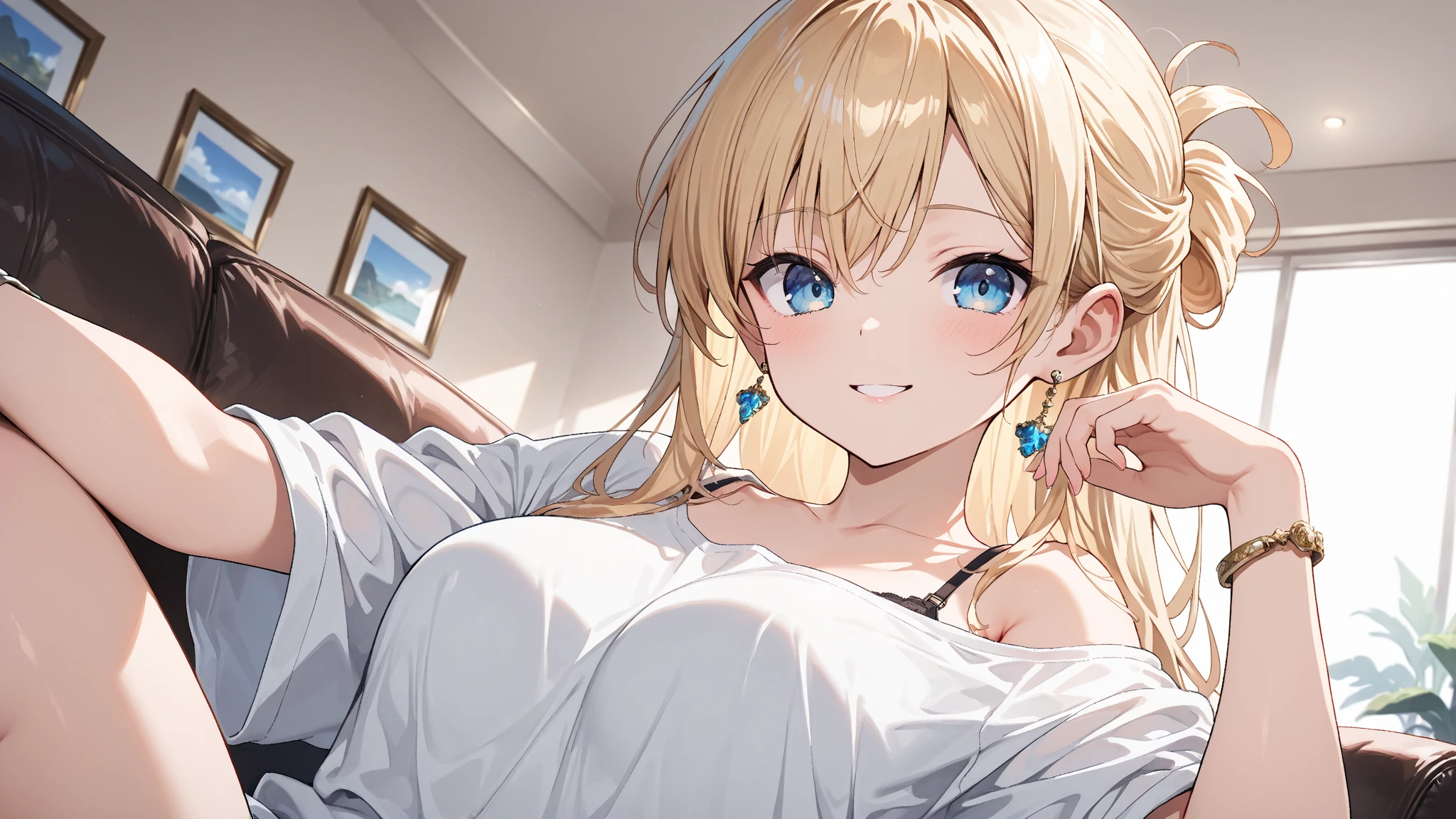 Tabletop, highest quality,figure, wallpaper, Super detailed, Absurd beauty、Lying down、Sloppy、Laziness、A relaxed expression、((1 beautiful girl、16 years old))、(Blonde、Long Hair、Braided hair、Wavy Hair、Being lazy、Showing cleavage,)、My Room、Casual attire、Summer clothes、Loungewear、evening、Backlight、The window is open