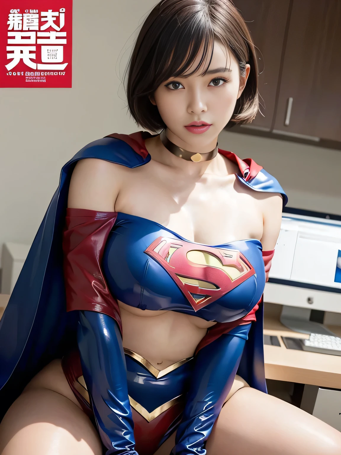 masterpiece、Rubber Supergirl Costume、short hair、Rubber Long Boots、Big and ample breasts、shiny sweaty skin、looking at the camera、choker、Long sleeve、Sexy poses to seduce、Off the shoulder、latex、From the front、athlete、High leg leotard、Red Cape、Beautiful thighs、Photo magazine cover、operating room、wallpaper for pc、