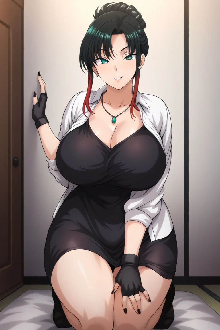 ((super high quality,Ultra-high resolution,4K,8k,super masterpiece,Ultra HD))The dimly lit president's office at night, ((A sexy mature woman,)),((popped collar Red shirts,(Sleeves folded back to the elbow,(Black long gloves)),Black pants with a glossy finish,Black long boots),Tight collar,)Black hair straight short,Sharp Eyes,Open chest,Cleavage,slouch,Place one hand on hip,Provocative smile,Necklace with a cross,sexy,