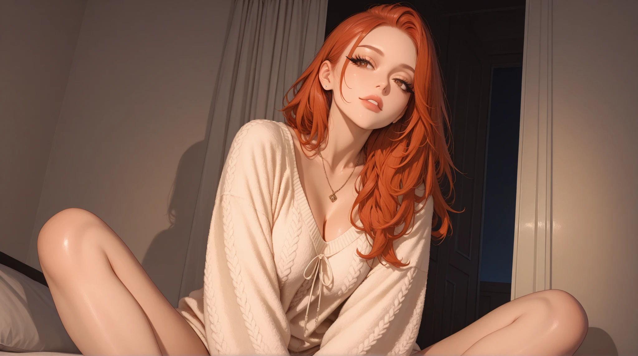 The subject is a stunningly beautiful American redhead woman, ageless around 26. Her long, wavy locks cascade down her back, framing her perfect face. With a playful grin, she flirts seductively with the camera lens.
She is dressed in an eye-catching outfit. On top, she wears a red, extra-large, loose wool sweater that hugs her figure perfectly, adding a touch of cozy charm to her allure. Beneath, she dons a white, pleated mini skirt that accentuates her toned legs. She complements her ensemble with white Louboutin shoes, high heels that elongate her stature and complete