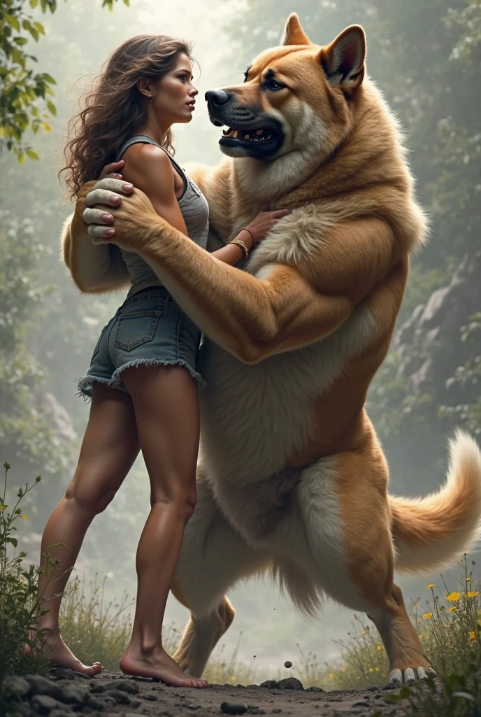 NSFW (nude) (Anna ((human)) medium breasts, strip of pubic hair) vaginal penetration, fucking male furry polar bear with red dog penis, full body, in a deserted snowy landscape
