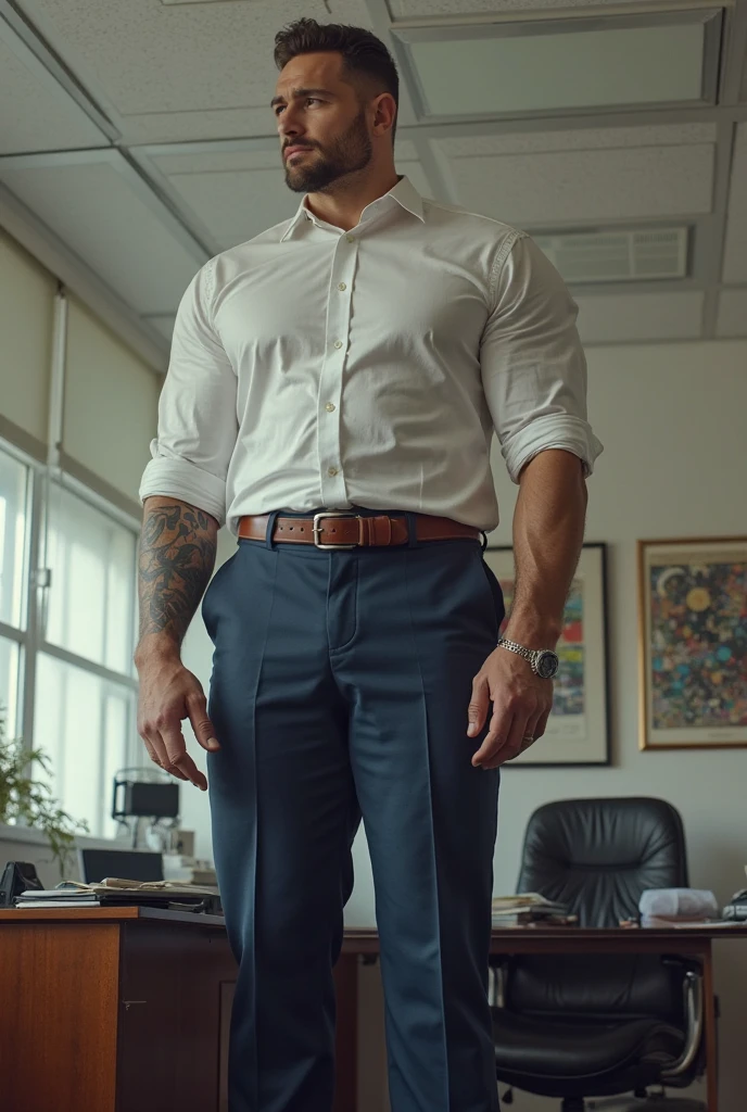 40 years old,Hidetoshi Nakata,(Kogoro Mori 1.3),Two skinny muscular men standing,office,whole body,Black socks,Thick body hair,Blue underwear,Topless,Densely hairy,Fortitude,HD,With a mustache,Polo Shirt