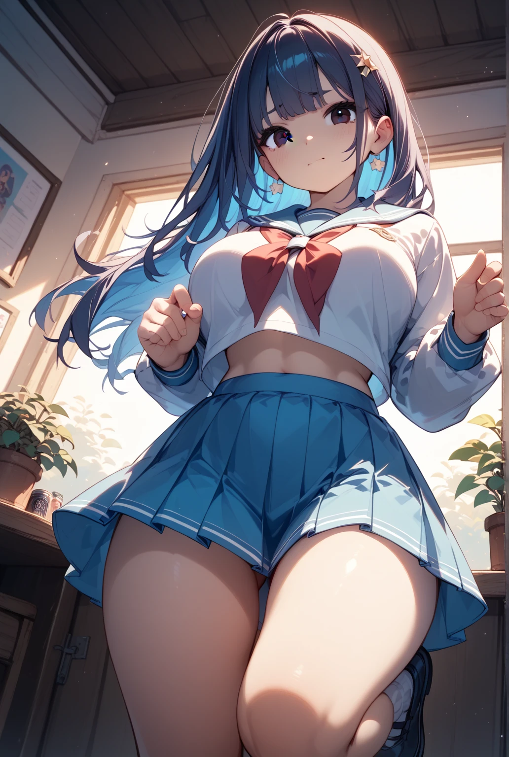 1girl, natural lighting, masterpiece, highly detailed, illustration, game CG, absurdres, high quality, aichan, large breasts, beautiful detailed eyes, detailed hair, glossy lips, blush, (school), white shirt, black pleated miniskirt, very curly hair, leaning forward, (blue hair), looking back at viewer, (panties:0.8),