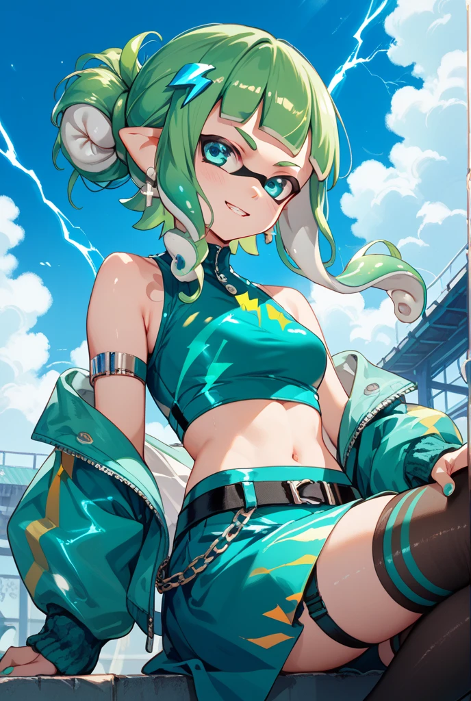Zeri,Green hair，Lightning is born in your hand，Pitch up，having fun，Trendy clothing，Superskirt，Crop topping，D-cups，cute-style，highly rendered，detailed face with，Fleshy thighs