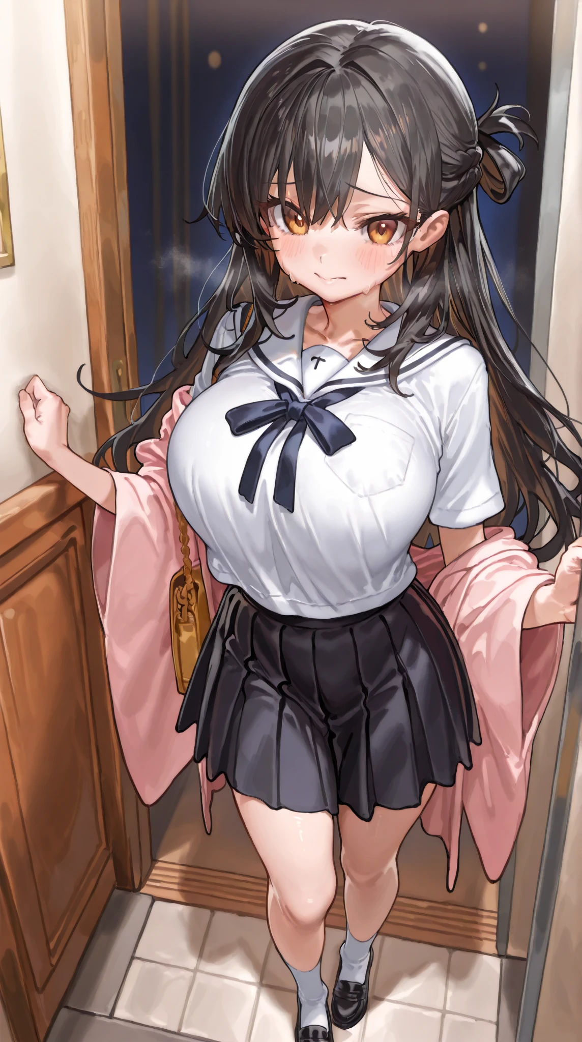 Long light black hair reaches waist-length，Golden eyes，high light，Hair curtain，Two hair curtains on both sides，dishiveredhair，chiquita，Pink sailor uniform school uniform，huge tit，White skin of the，light  smile，black lence stockings，Whole body diagram，Eye highlights，In school，