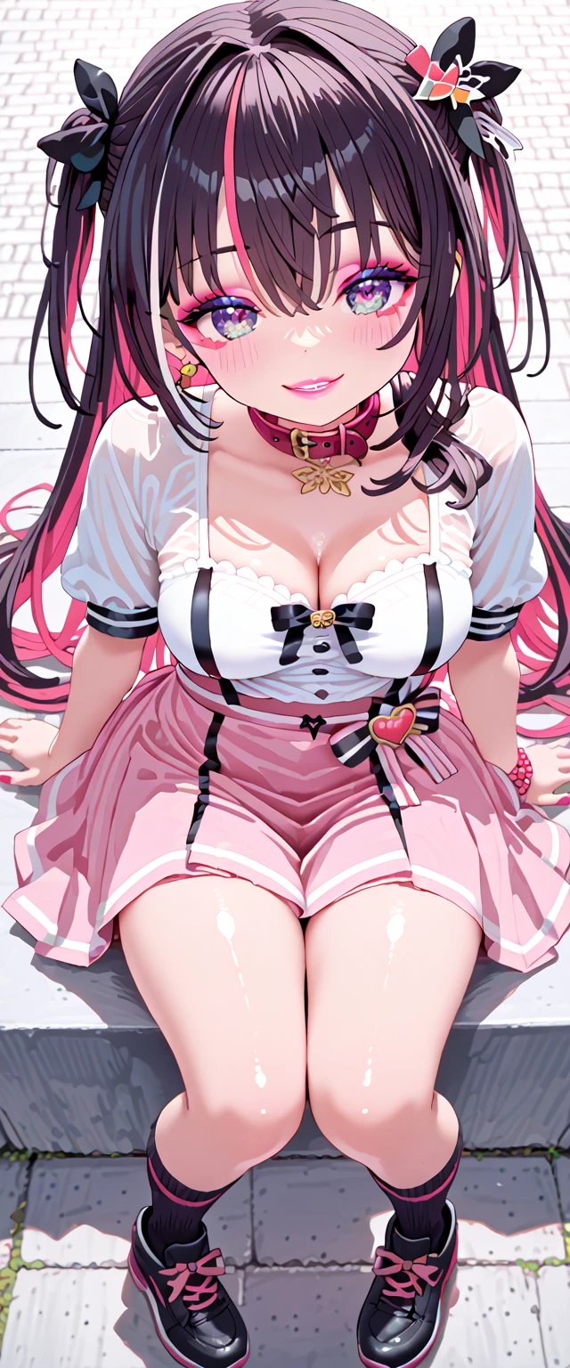 Girl with pink hair, long double-tailed hairstyle, ((small pink bushy eyebrows)), wearing ta clothing, shorts, marked vagina, loli(Zankuro) drawing style by zankuro artist, Zancro style, image uploaded to R34, flirty smile, take a selfie, close-up, ((showing a breast outside the shirt)), (squeezing a breast with her hand) face very close to the camera, moan and drool) happy face cheeky smile