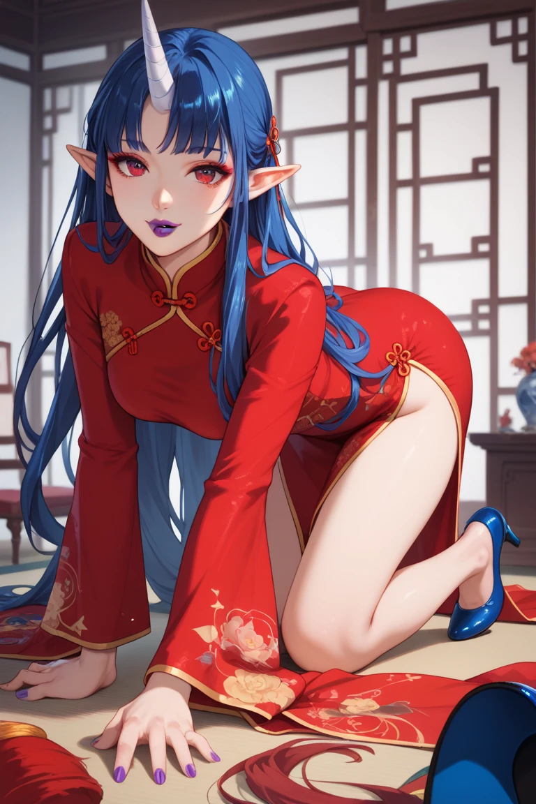 masterpiece, high res, anime screencap, detailed face, detailed eyes, 1 girl, solo, slender, surprised, blushing, brown hair, black eyes, red eyeshadow, long purple ears, hair bun, chinese clothes, red costume, purple tail, cowboy shot, (full body), bare legs, changing, indoors, chinese room  <lora:Ursula:0.9>