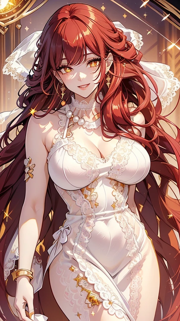 (best quality,4k,8k,highres,masterpiece:1.2),ultra-detailed,(realistic,photorealistic,photo-realistic:1.37),beautiful detailed yellow eyes,beautiful detailed lips,extremely detailed eyes and face,long eyelashes,red hair,colorful background,curly wavy hair,wild flowing hair,ethereal atmosphere,(soft,delicate) skin,impeccable makeup,natural lighting,soft focus,romantic setting,(elegant,voluminous) wedding dress,ethereal veil,breathtaking bouquet,sparkling jewelry,confident smile,alluring pose,graceful movements,dreamy ambiance,artistic composition,vibrant colors,flawless skin texture,subtle shadows,dazzling highlights,soft color palette,night.
