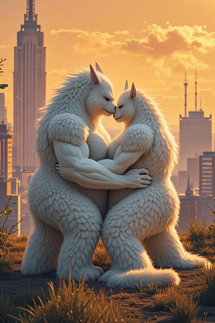 hentai , anthro, solo, male, shortstack,night time , muscular, standing,intimate angle, looking at viewer, background, extremely detailed, photorealistic, 3d render, high quality, two furry wolfs standing next to each other