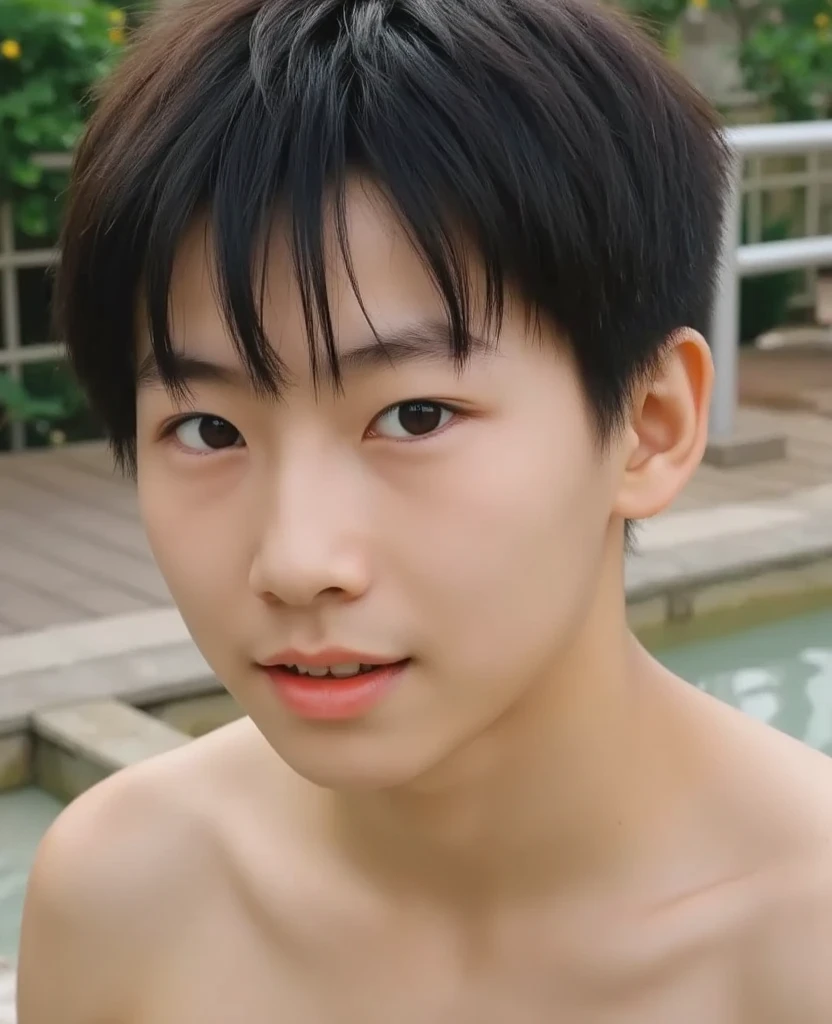 A cute young Thai man, 25 years old, 170 cm tall, white skin, short hair. Cute smile, shirtless, medium sized cock. pink cock head Has belly hair Sitting with legs spread open and showing off dick at a hot spring on a snowy night.