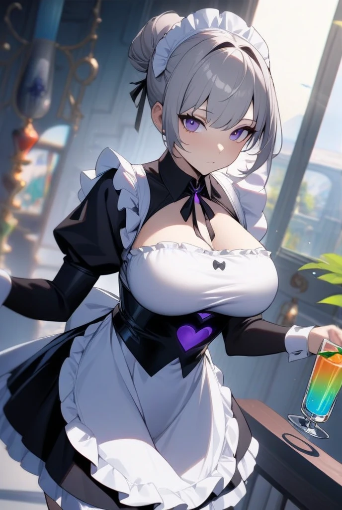 (masterpiece, top quality, best quality, official art, beautiful and aesthetic:1.2),(8k, best quality, masterpiece:1.2), (((masterpiece))),(((best quality))),(((extremely detailed))),illustration,who, (masterpiece, top quality, best quality, official art, beautiful and aesthetic:1.2),(8k, best quality, masterpiece:1.2), 1girl, acheron \(honkai: star rail\), solo, red eyes, silver hair, pale skin, maid, maid headdress, maid apron, pantyhose, open mouth, blush, parted lips, looking at viewer, cowboy shot, bar \(place\), indoors, depth of field
