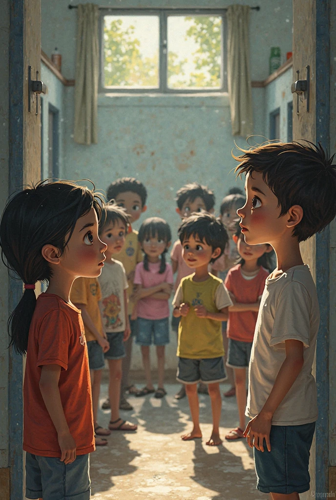Opening the Mansion Door
**Visual**:
- The kids struggling with the rusty, old door; creaking sounds and dust falling.
- Dark interior visible through the partially open door, revealing cobwebs and broken furniture.
- Close-up of the kids' apprehensive faces as they step inside.
- The door finally swinging open with a loud creak. Genrate a High quality realistic 3D animation style
