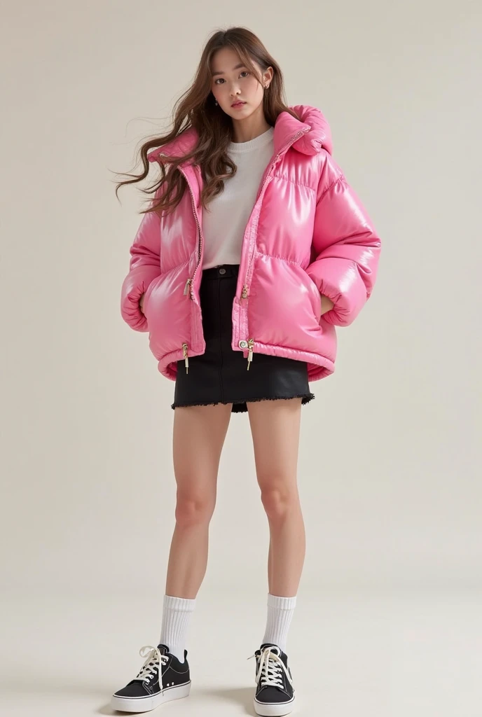 Beautiful Japanese 14 year old female, photorealistic, masterpiece, highest quality, wearing a (silk down jacket puffer coat), (pushup silkbra), (silk short pleated skater skirt), cute, sexy, sexy pose, large breasts, lipstick, extremely detailed face, extremely detailed skin, professional photography, modelling, solo, 1girl