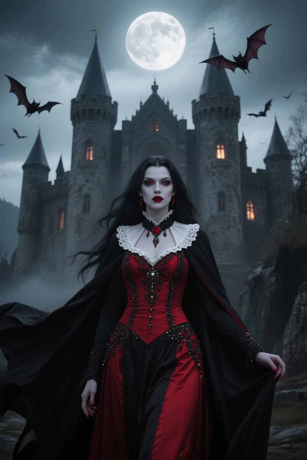 Cassandra is a vampire girl has dark brown hair, yellow eyes, very pale, blood around her mouth, she has a sadistic smile, she wears a long black dress with hood and a cape. Behind his back and a flower tattoo on his forehead with the sign of the House Dimitrescu. She holds a sickle in her hand. It is inside a beautiful castle [Woman] [Beautiful] [Vampire] [Black dress] [Blood around her mouth] [Very pale skin] [Inside a beautiful castle] [she has tattoos on her forehead] [She holds a sickle in her hand]