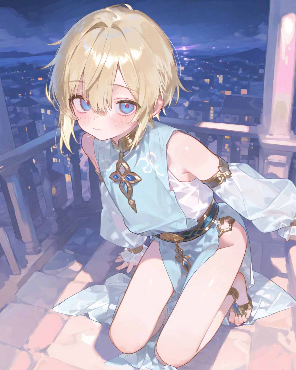 1girl, Angle from below:1.8, (((close up crotch:1.2))), The girl bends forward to show off her breasts、legs apart, (Blade), (Tanned shiny black skin:1.6)、Glowing Eyes, ((Sexy evil grin)), (10 years old girl), blondes、Twin tails、forehead、Small breasts, hat, ((((arabian clothes, see-through)), (headband), (Areola Slip), small breasts, (jewelry)))、desert, ((sahara))、foot, ((foot on penis))、(手を頭の後ろで組む)、arm pits, (ass), ((footjob)), 1boy, penis, ((eject cum)),