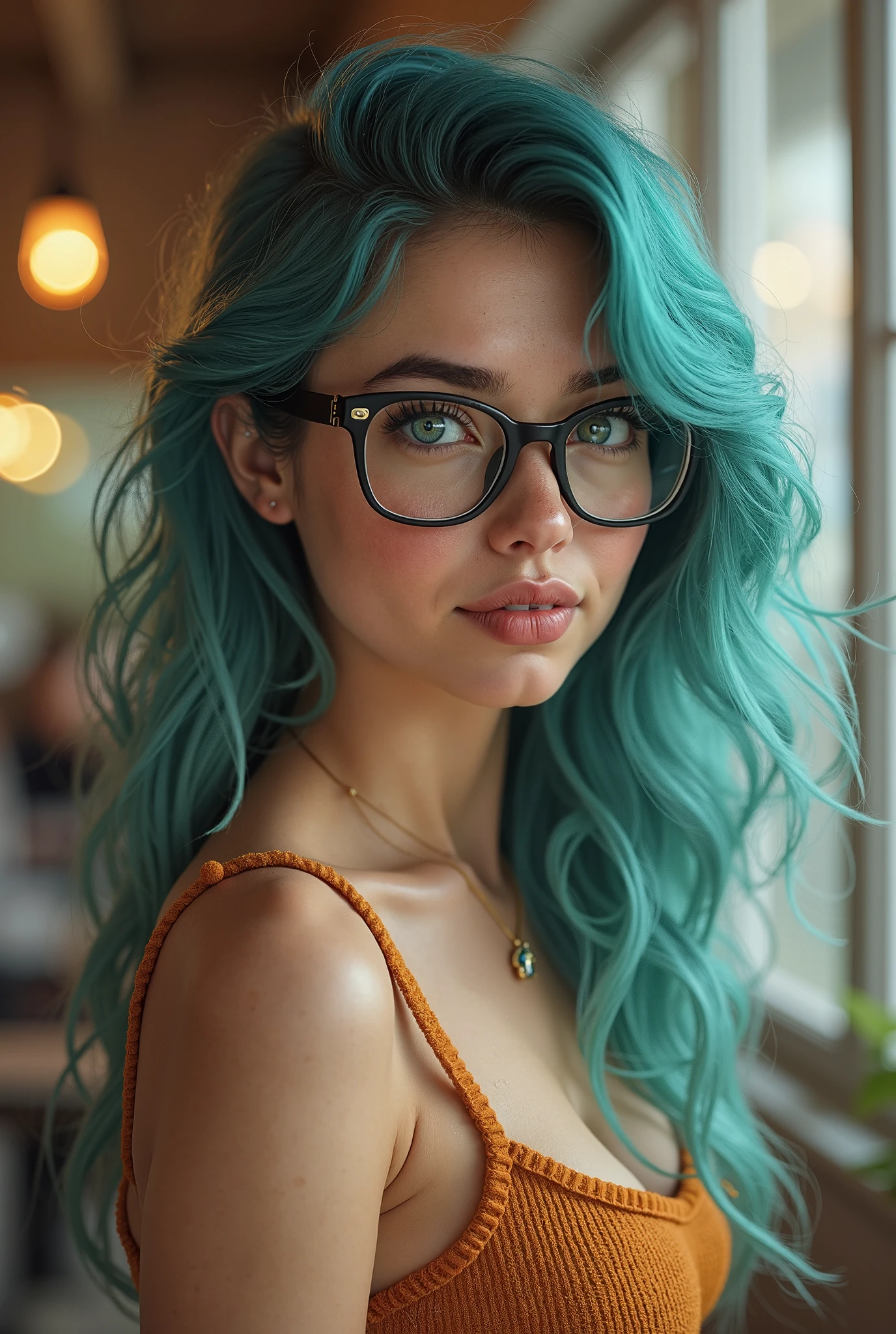 Masterpiece, (full body photo: 2), best quality, 1girl, solo, 2, adult, cyan turquoise hair, aqua eyes, voluptuous, toned, 167cm, pale skin, glasses, seductive expression, olive green tshirt vneck, jeans, cleavage, big chest , Facial description:(real ultra realistic 8k goddess of temptation with cyan coloured hair and perfect beautiful face ratio according to mathematically, perfect jawlines, perfect face cut, perfect cheek bones, ultra realistic 8k facial features, beautiful blue big realistic beautiful eyes, juicy beautiful lips, bright light, long_hair), full body sexy body photo