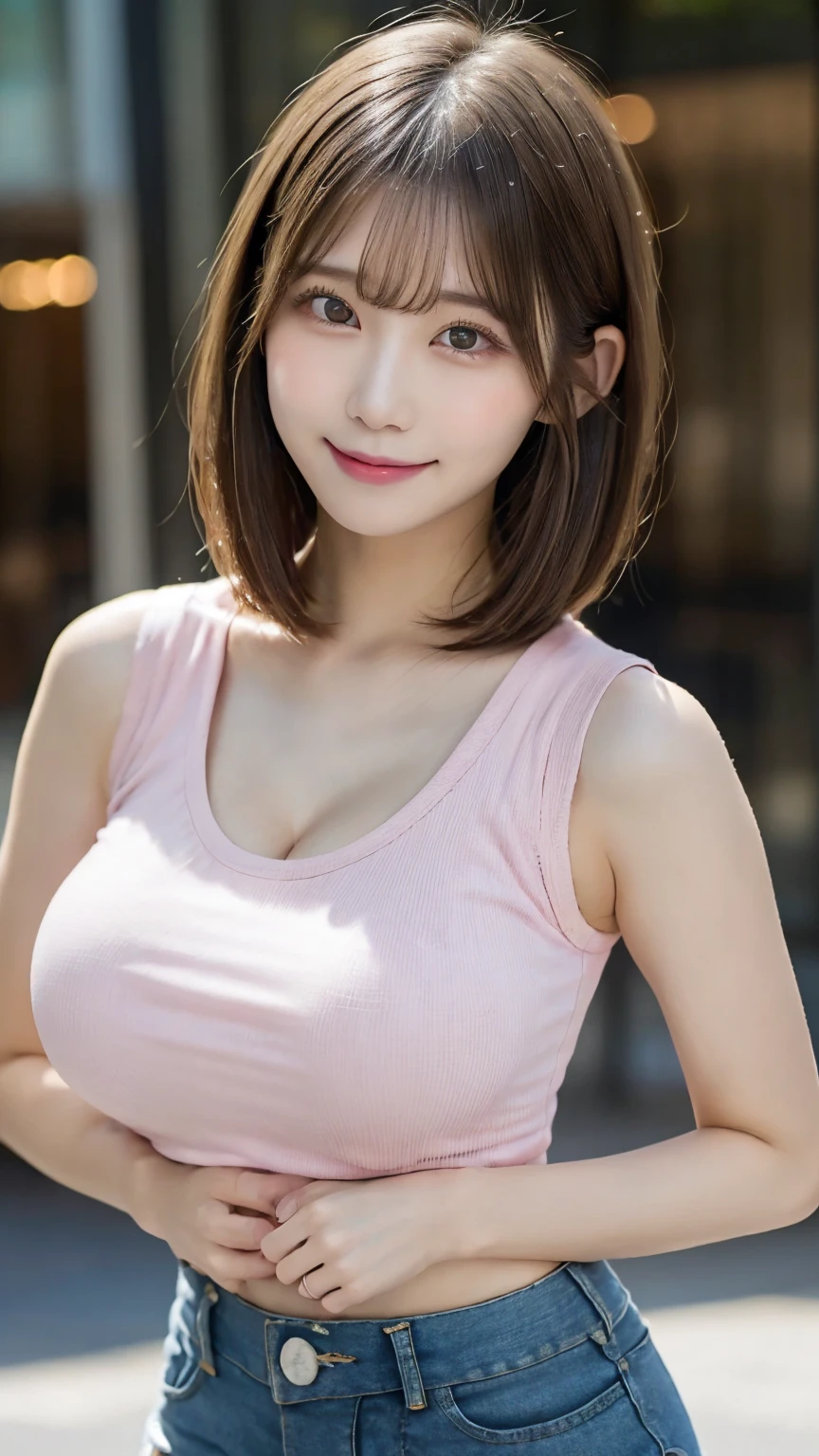 Highest quality, masterpiece, Ultra-high resolution, (Realistic:1.4), Beautiful woman, ((Big Breasts:1.3)), (((Short Bob))), (((Brown ash))), Beautiful Skin, Fine skin, 魅惑的なsmile, Background blur, smile, Hair over the ears, beautiful girl, Fair skin, Voluptuous, Plump body, Orihime, alone, Pink Shirt, jeans, at the park, hair ornaments, smile,