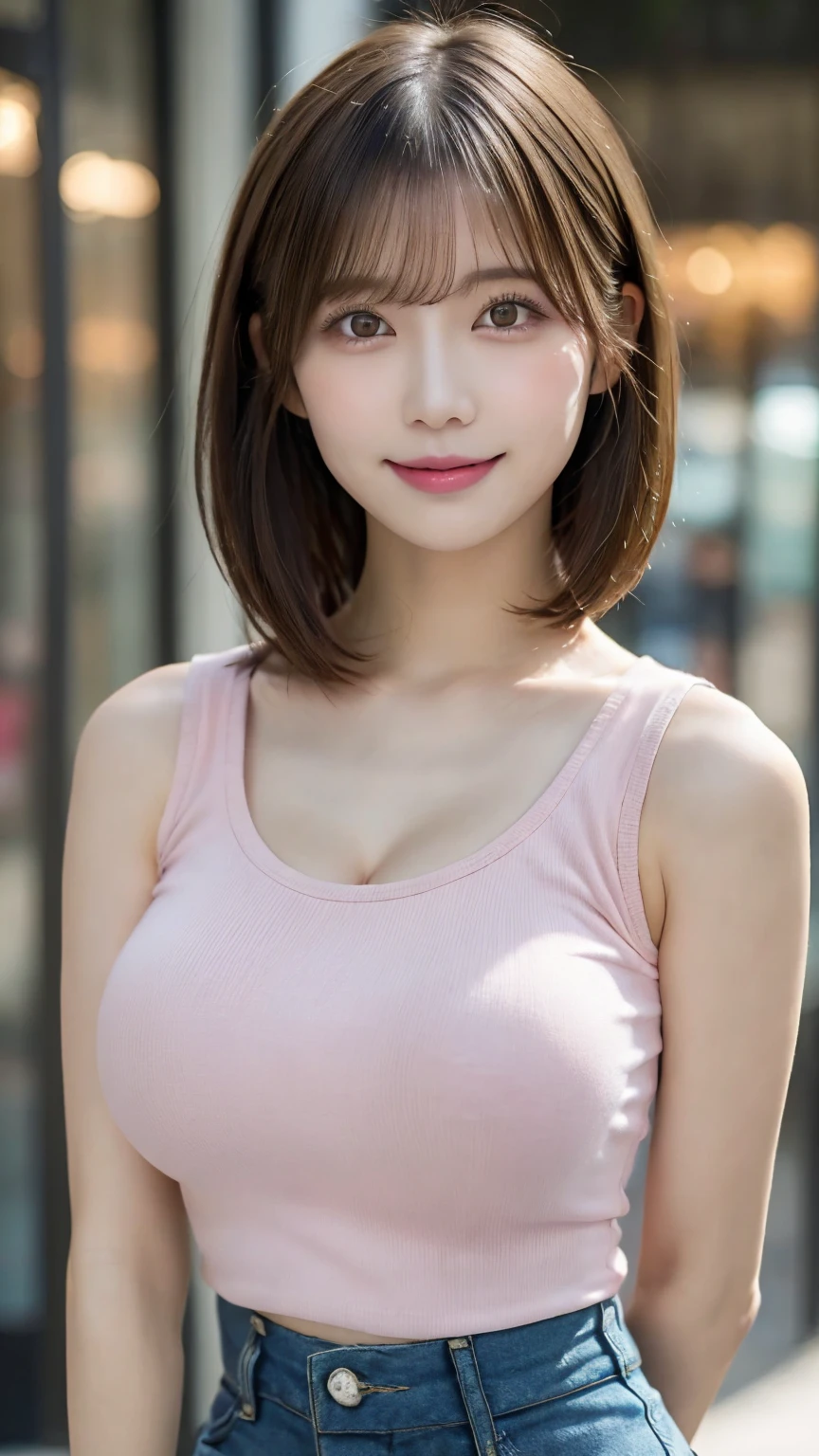(Highest quality:1.5), (Real:1.4), (Ultra high definition:1.4), (No correction:1.4), (18 years old short Japanese girl with big breasts standing front plain background), (Short stature girl), (Asymmetrical bangs), (short hair), (Pink tank top), (jeans), (18 years old short girl wears pink tank top and jeans), (girl viewed from the front), (Plain background), (Cowboy Shot), (smile), (upright),
