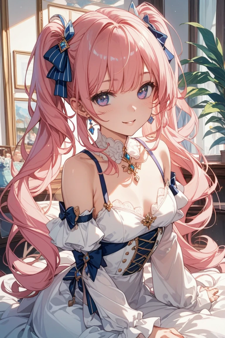 ((Extremely detailed depiction, Super detailed, Exquisite quality, Ultra-high resolution)), (upper body:1.5), ((A transparent gown)), ((A Rococo Victorian gown featuring a voluminous, huge, full-length hoop skirt and a long hem, Princess style skirt))), (Glorious reflection, prism, pure white), ((A skirt with complex multi-layered frills)), (((ソロの若いprincess))), Ultra-detailed and detailed face, Very cute face, Cute Smile, (((Pink Hair, ponytail))), Fluffy and smooth curly hair, Expressive hair, Super voluminous long hair, (Blunt bangs, princess_cut), Huge breasts, Cleavage, (Focus on the face:1.5), (((head tilt, looking at viewer, from side view:1.7))), (from above:0.5), Super detailedな肌, Skin Dentition, Eyes Blue Eyes, (((Perfect Anatomy))), Colorful flowers in full bloom, (((Surrounded by lots of flowers))), Depth of written boundary, Particle Effects, Caustics, reality, textile shading,