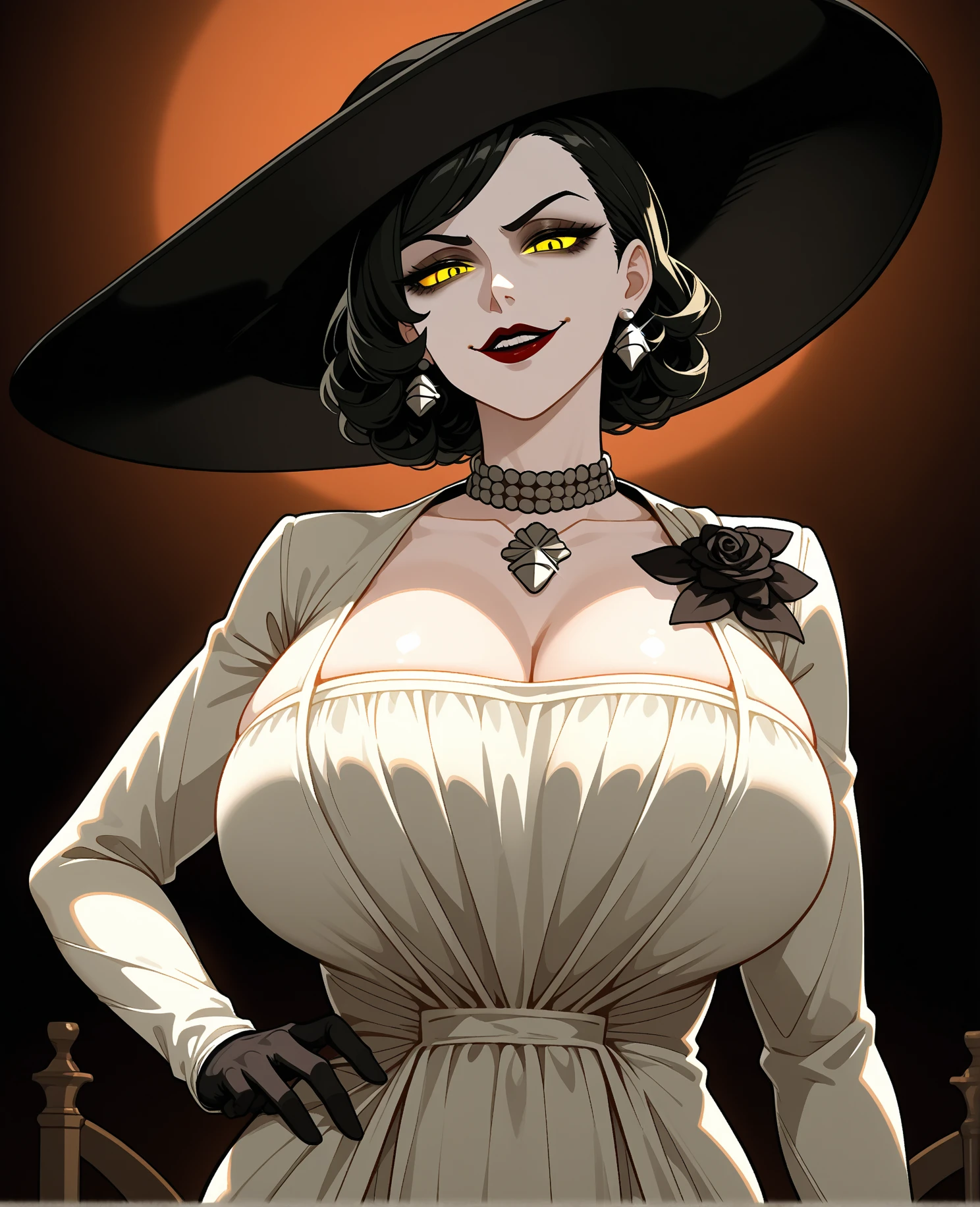 score_9, score_8_up, score_7_up, (female, solo, 1girl, Alcina Dimitrescu, Resident Evil), (Black hair, short hair, big white hat, yellow eyes, white skin), (masterpiece, perfect face, perfect body, perfect eyes, perfect hands, highly detailed), looking at viewer, horny, horny facial expression, evil smile, gigantic breasts, (((breasts are totally covered))), (((No NSFW))), deep cleavage, (full colores), (painted light red color background), monochrome, OverallDetail, JanePorterXLP
