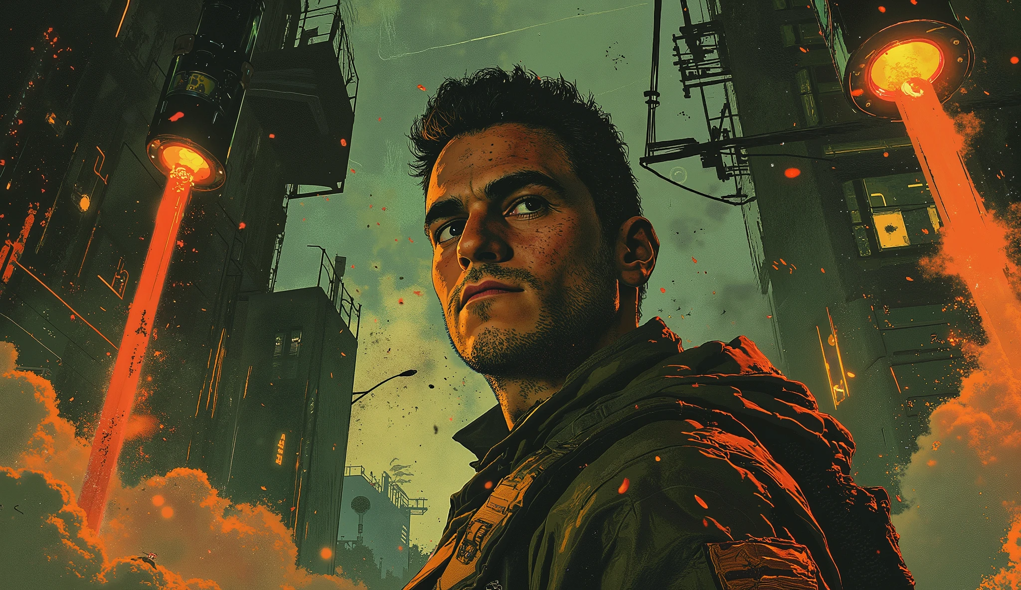 candid full-body shot of a man in high-tech armor standing in a sci-fi environment,8K,high resolution,detailed,photorealistic,physically-based rendering,studio lighting,man,heroic pose,stoic expression,tactical gear,metallic armor,sleek helmet,glowing energy cells,advanced weapon,futuristic city skyline,neon lights,hover cars,cloudy atmosphere,dramatic lighting,cinematic composition