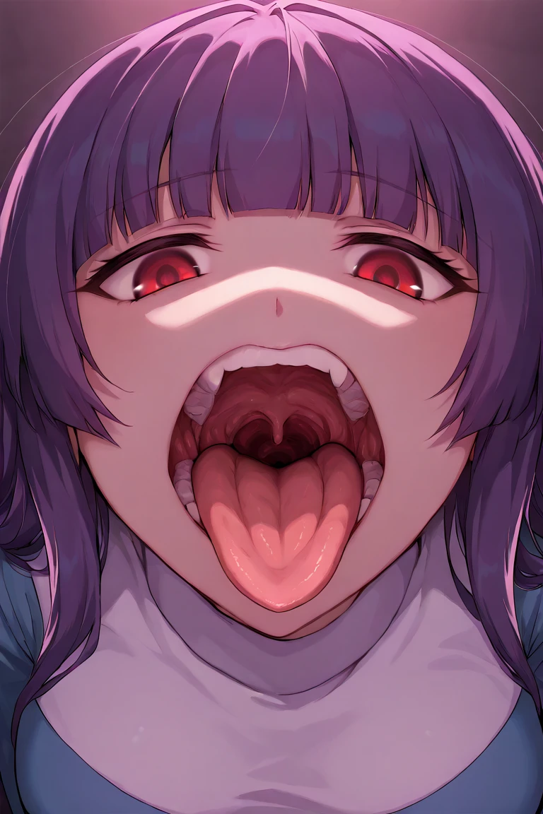 Ochaco Uraraka, wearing pajamas, nice environment, super detailed, high quality, short hair, portrait, blush, open mouth, big mouth, tongue, tongue out, close up, saliva, uvula, uvula, room, mouth focus, excessive saliva, giantess, brown eyes, looking at viewer, long tongue, large tongue