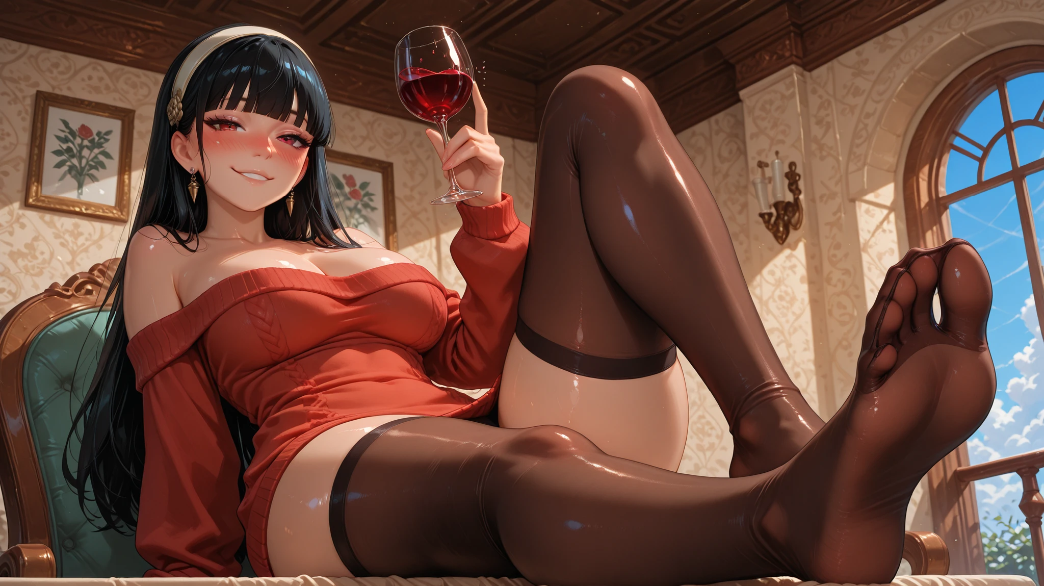 yor briar (spy x family) a young woman sitting on a balcony with a glass of wine, wearing a red off-the-shoulder sweater and dark stockings. the image also shows a bright blue sky and a balcony railing in the background. on the middle of the image, a 20-year-old woman with light skin, long dark black hair, and red eyes appears to be sitting with her legs spread apart, holding a red wine glass in her hand. she has a relaxed expression and is looking directly at the viewer with a smile on her face. her hair is styled in a long hair style with bangs, and she is wearing earrings. her body is slim and she has large breasts. her feet are bare, with her toes pointing upwards, A digital illustration shoot from a low angle about, and her soles are visible. the woman is sitting in a relaxed pose, with one leg slightly bent and the other resting on the railing. the background is a simple indoor setting with a green chair and a beige wall. 1girl, solo, unrivaled beauty, blush, femdom, cleavage, sadism, shoes,  hair ornament,  eyelashes, shiny skin, blunt bangs, nose blush, earrings, jewelry, eyebrows visible through hair, red sweater, black eyeliner, naughty face, hairband,  drunk,  