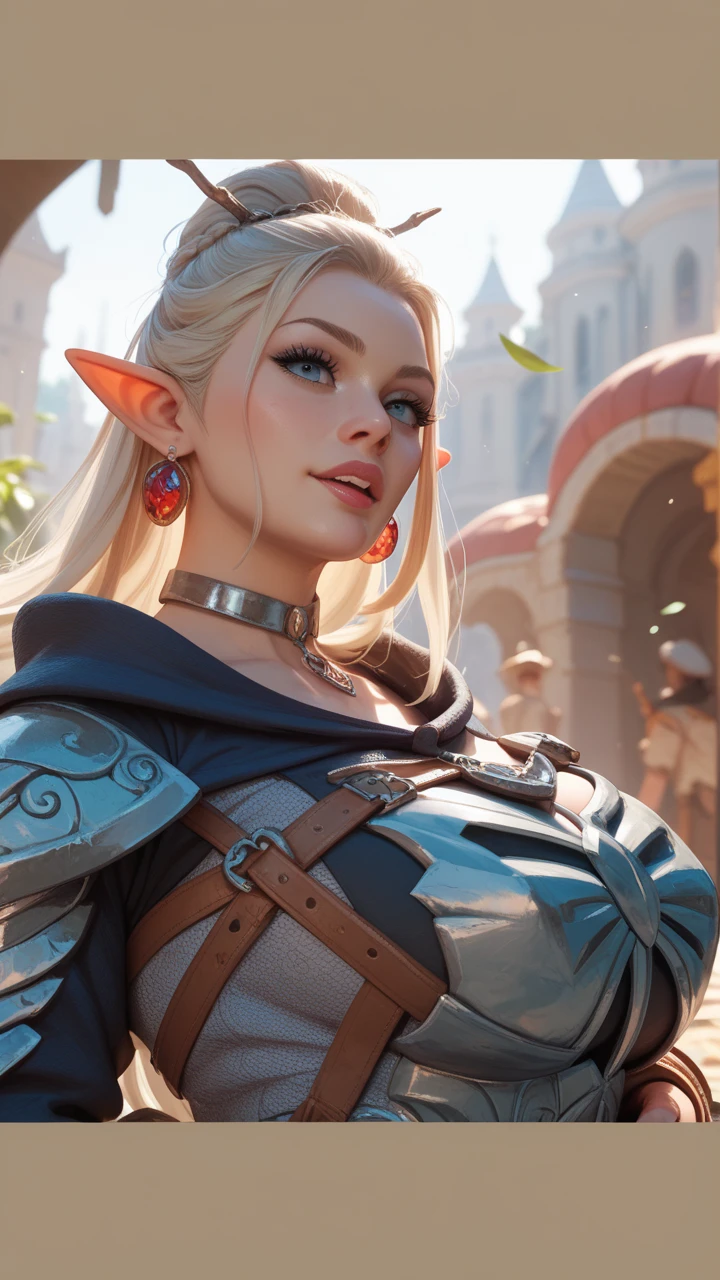a female elf, waist shot, narrow face, elegant, wearing a sapphire necklace, white lightweight dress with straps, looking to the camera, extremely detailed, digital painting, artstation, concept art, smooth, sharp focus, figure, artgerm, greg rutkowski, art by alphonse mucha, 8k, volumetric fog, bloom, light, lumen, cinematic crank blur
