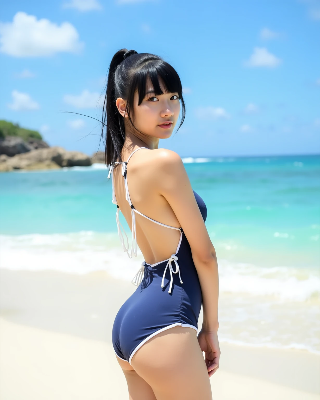 Girl. Showing teeth and smiling, twintails, 17 years old, bikini, from behind, full body