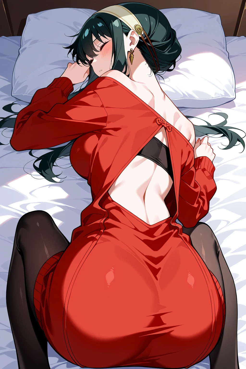 Beauty Black Hair Embarrassing blush tears saliva Big Breasts Areola Red bra Red Garter Belt Red underwear Thick pubic hair Spread your legs On all fours Back view Butt Leg spread Red underwearのアップ