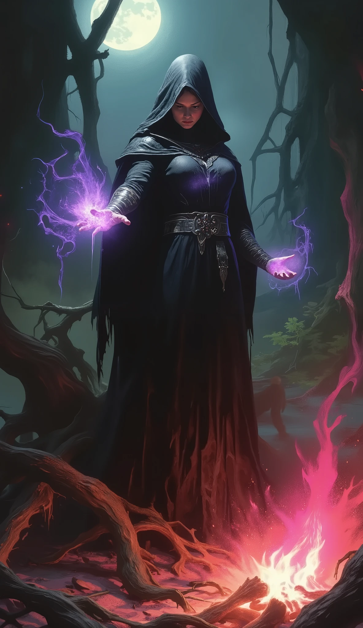 A dark fantasy theme of a female Dark Witch woman in medieval stile, on forest dark spell, in dynamic pose, twin moon in sky, bonfire. Glowing purple and pink background lighting.