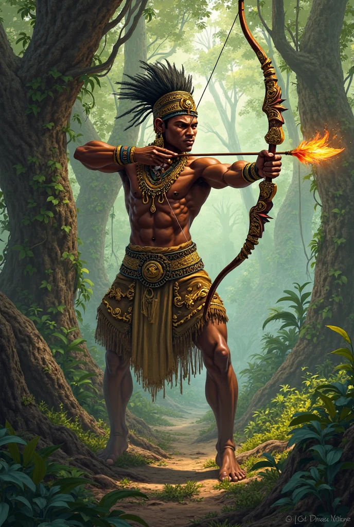 Orisha Oxossi shooting an arrow while crouching 