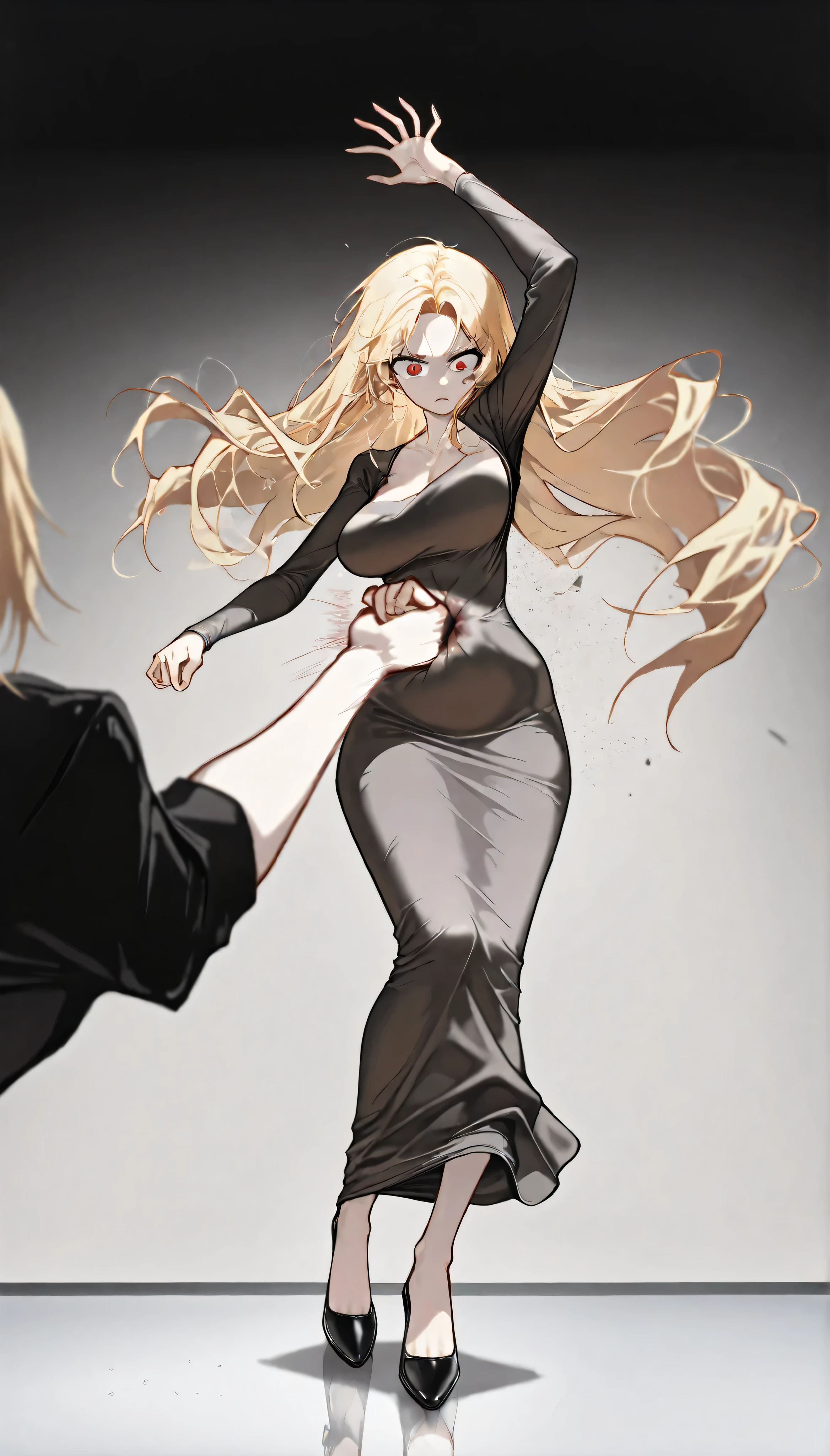 masterpiece, dress, black dress, Black dress, Black Dress, dongtan dress, Dongtan dress, Dongtan Dress, black dongtan dress, Black dongtan dress, Black Dongtan Dress, highres, Super detailed, very detailed, highest quality, best quality, super detailed, standing, high quality, high-definition, extremely detailed, (large breasts), mature female, Full body drawing, full body drawing, slender body, Slender body, Slender Body, (masterpiece), straight body, straight belly, hanging hand over head, (best quality), (hyperdetail), (illustration), ((extremely delicate and beautiful)), (detailed light), (prefect's body), hanging hand over head, {{{{{long hair, Long hair, Blonde hair, blonde hair, blonde, Blonde, Red eye, red eye, Red Eye, binyeo, Binyeo}}}}}, sexy, sexy belly line, Sexy belly line, Sexy Belly Line, (((((punching, belly punching:1.2)))))