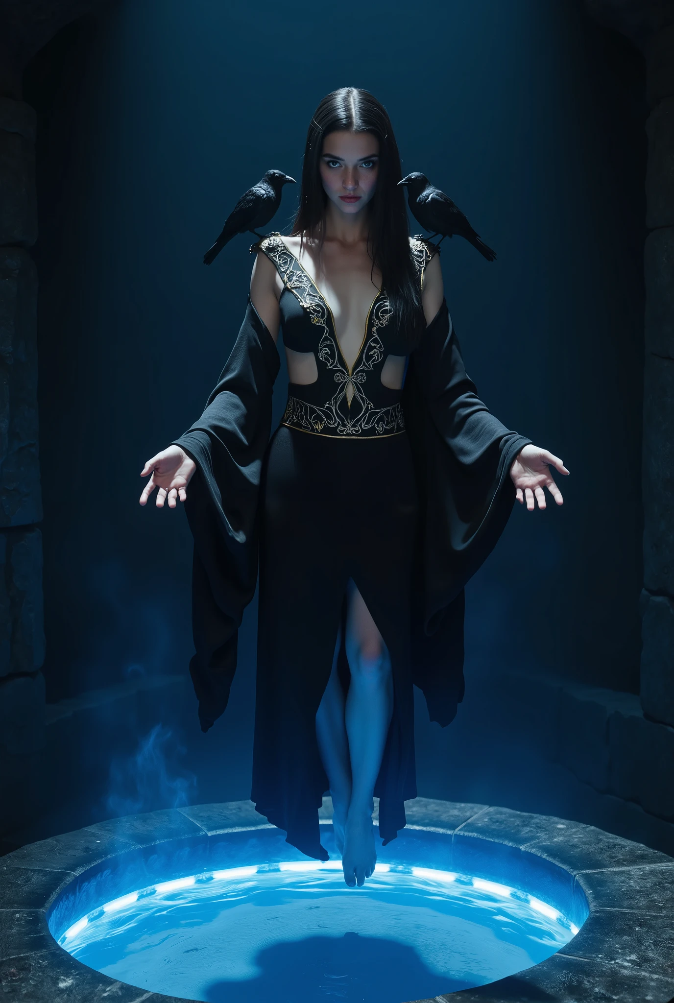 mysterious seductive girl in dark room with blue light, she is dressed in a flowing black silk dress with a hood, the dress has a deep neckline and cutouts along the sides, the dress has silver swirling branching patterns around the shoulders, the edges of the dress and hood are trimmed with a gold stripe, the dress emphasizes the exposed sides of the female body, open armpits, open sides of the waist, open sides of the hips and slender legs, the neckline of the dress goes down almost to the navel and exposes the Linea alba of a toned stomach, perfect fitness body, long black hair, she has a mesmerizing look, dark eyes with highlights, she looks down at the viewer, arrogant expression, anatomically correct, natural light skin tone, detailed skin texture, realistic skin, dynamic pose, mysterious pose, mysterious pose, levitates, barefoot, arms extended, two crows perched on shoulders, her arms are raised at chest level with palms facing up, floating black feathers, dark stone background, dark ethereal environment, deep shadows, dramatic lighting from above, mystical blue light, swirling blue mist, balanced exposure, magical and enigmatic atmosphere, the lighting casts subtle reflections on the dress and creates intense shadows against the textured stone walls, adding depth and intrigue to the scene, the lighting shines on her naked body, beautiful female sorceress, dark sorceress, dark fantasy female magician, dark sorceress fullbody pose, a figure levitates above a glowing pool, illuminating the surrounding area with a mystical blue hue, in a dark stone paved floor, the floor around the glowing circular pool is paved with dark stones, low angle shot, depth of field, sharp focus on subject, cinematic composition, cinematic shot of the goddess, Nocturnal from Skyrim, screenshot from Skyrim, high quality, photorealism, masterpiece, intricate details,
