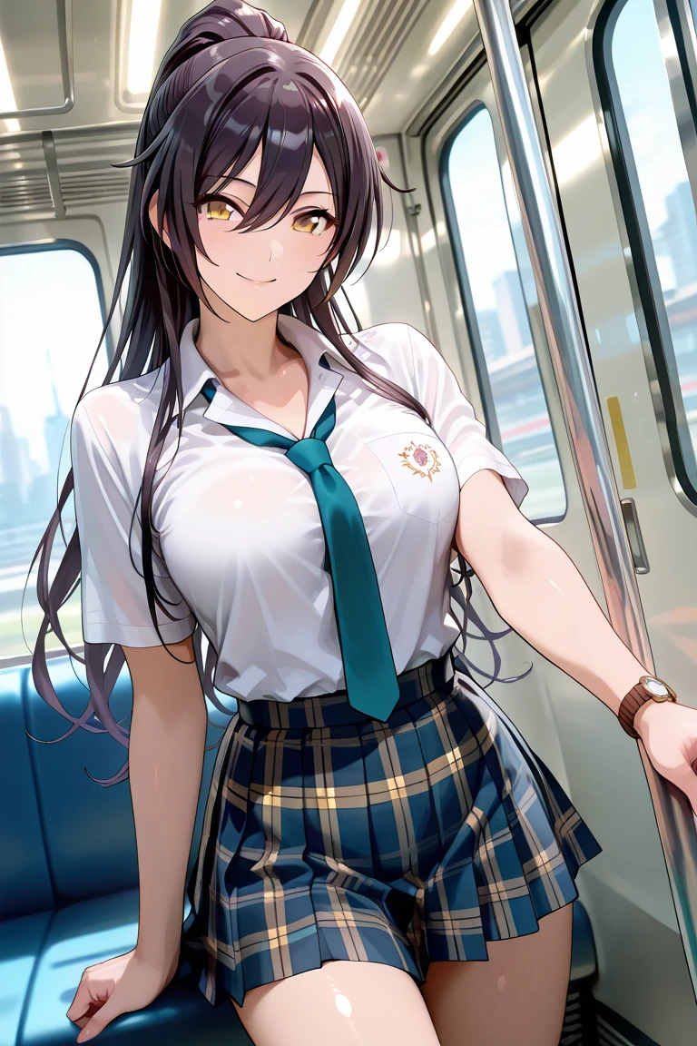  sit in a train seat, (Bend your knees, Panty shot), Camel Toe, , skirt,blush, (smile:0.7), (8k, RAW Photos, highest quality, masterpiece:1.2), 1 girl,alone,Mature Woman,Black Hair,Brown eyes,Long Hair, chest, chestの谷間, Observe the audience,I can see her panties，Showing off panties，