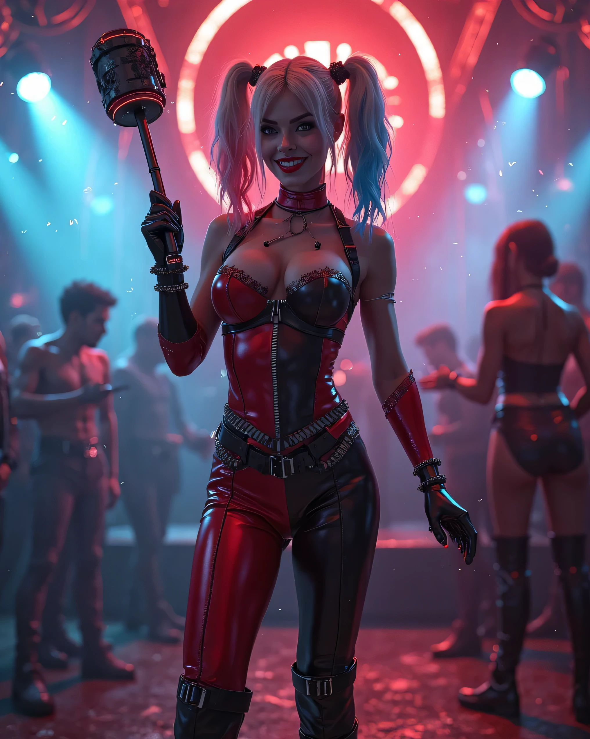 Harley Quinn, clad in her original red and black court jester costume, gleefully wields her oversized mallet amidst a vibrant and chaotic carnival scene. Neon lights flicker and illuminate the darkness, casting an intriguing glow on the eccentric surroundings. Rides spin wildly in the background, adding to the sense of excitement and mayhem. Laughter and joyous screams mingle with Harley's maniacal cackles, filling the air with an infectious energy. This exquisitely crafted illustration comes to life through the masterful use of digital art, delivering an 8k resolution image that is as intricate and detailed as a