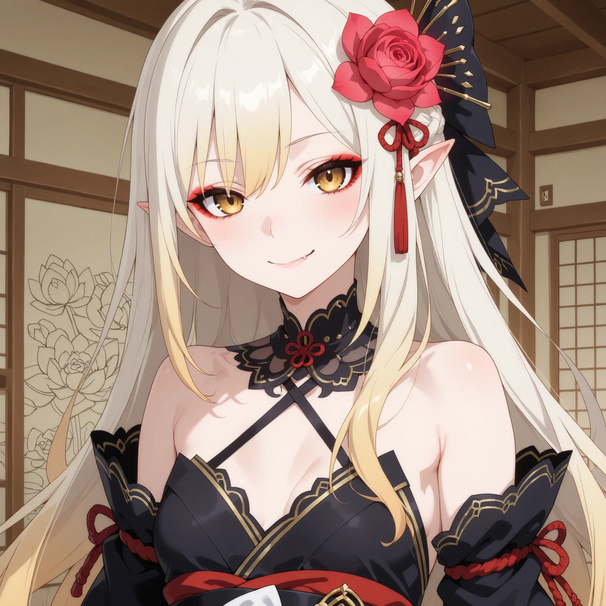 pale-blonde hair, Beautiful, Long Hair, (Rose gradient on hair), Golden Eyes, black kimono, cheeky, hair ribbon, alluring, fang, cunning, mature, eyeliner, pale hair, flowy hair, standing japanese house background, yokai, pointy ears, lotus flower on hair, detached sleeves, kimono, small breasts, close-up, sexy smile, sly
