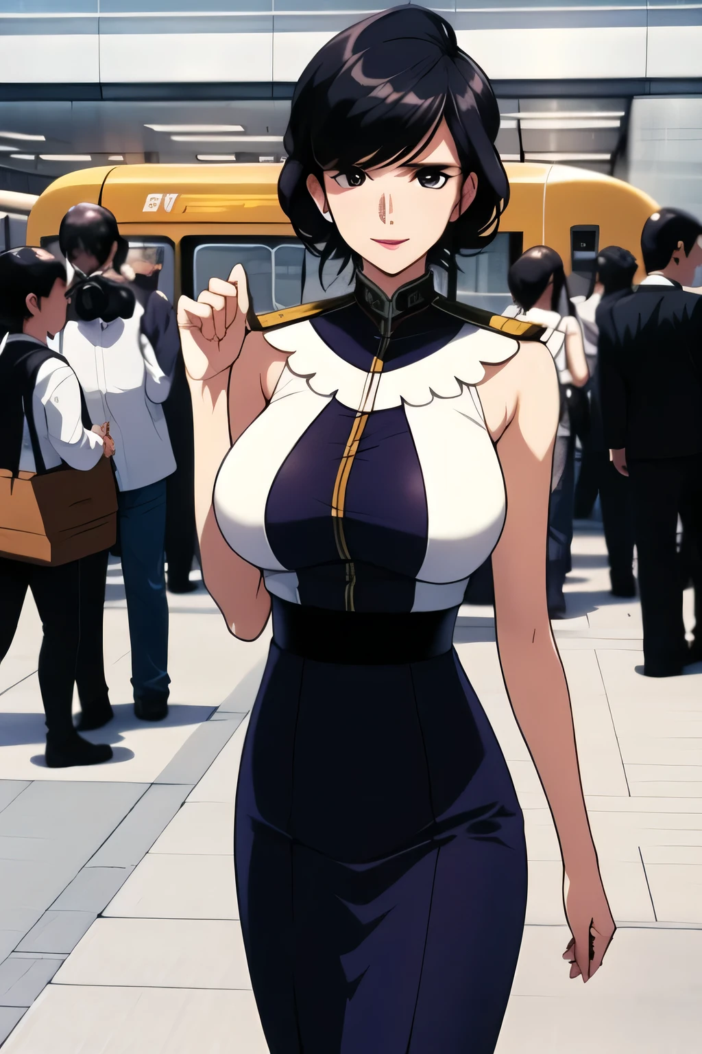 nice smiles,Can you draw a woman looking at a train,can you draw a woman waiting in front of the car in front of you,東京の地下鉄ホームでwaiting for the train女性は描けますか, ,congestion,waiting for the train,fun,Underground railway stations ,The sign hanging on the wall,{{X}},draw her expression more delicately,walking alone, city tour ,,(((wears casual tourist-inspired clothing))), I have a SLR camera ,(Let's draw a more delicate look),(sleeveless wool sweater),( Pleated Legs,white panties),(That work is enough for one person {X} is very important for work)、 That's all it takes,frown。unless the job requires it。 {X}、 , Attractive 40-year-old adult woman jumps off her uniform, Big black wavy hair, , Big Breasts, Thin Waist , , ,The face is very important,