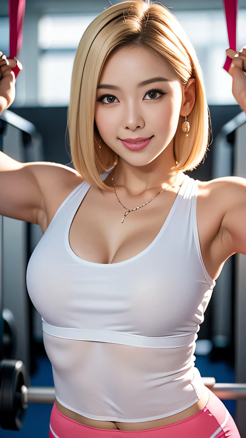 8k,Adult American fitness girl,Super Beauty(Like the real thing),sexyなお尻,Mr.々Fitness outfit(Precise details),Muscular Beauty,A muscular and beautiful figure,model,masterpiece,Photorealistic RAW photos of the highest quality。Bright colors,Rich colors, Backlight, Cinema Lighting, Film Grain, 50mm lens, Nikon D850,Beautiful expression,Fantasy art,Character Art,View your viewers,Ultra-high resolution,Ultra-Realistic Skin,Top view,,Accentuate your cleavage,blonde mohawk hair,Vibrant,Dynamic pose,Makeup,Fitness Studio,Big smile,sexy,Perfect hands,Anatomical Hand,slouch,