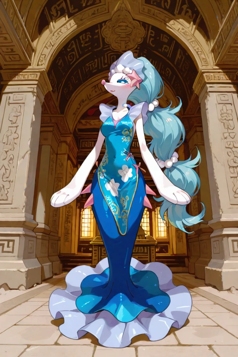 uploaded on e621, explicit content, 3d:0.4, (bastika, cutesexyrobutts, hioshiru), (furry, anthro:1.2), female, solo, glaceon, confident expression, closeup <lora:Glaceon:1> young, tall, tall female, long legs, toned, curvaceous
detailed hands, beautiful hands, 
((best quality)), ((masterpiece)), ((extremely detailed)), (perfect composition), illustration, high-res, prefect lighting, absurdres, uncreditable absurdres, sole, full body, long white cheongsam, sideboob, side slit, sideboob, skin tight, pelvic curtain, thigh gap, (white long dress:1.2), explicit, sexy, side slit, very long tabard, looking at viewer, bare shoulders,  <lora:side_open_cheongsam_v1.0:0.5> (silver cheongsam embroidery), (silver Chinese pattern), (silver pattern), accessories, jewelry, bracelets,
detailed blue eyes, beautiful blue eyes,