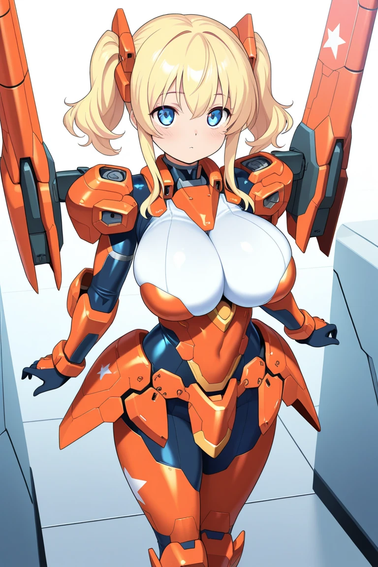 Smiling girl in a revealing see-through mechanical micro bikini in yellow and orange with shiny wet skin,Gal-like ponytail,Fully transparent glass texture micro bikini armor,水色ライトの透明なMechanical Armor,(Highest quality),(8k),Mechanical Armor,Show all,(Thinly visible genitals),Accentuated breasts,Mechanical firearms equipment,Eyebrows rise,Bullish expression,Blonde,Don't blush,Laugh with your mouth closed,Standing on a white floor,White background,(Show the whole body),View your viewers